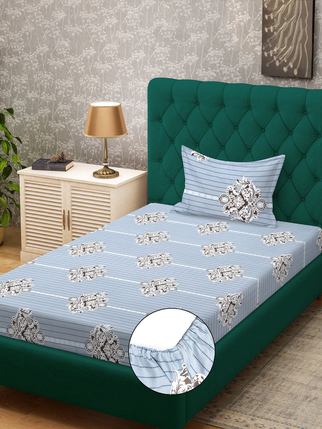 Grey Ethnic Motifs 300 TC Cotton Blend Fitted Single Bedsheet Set in Book Fold Packing
