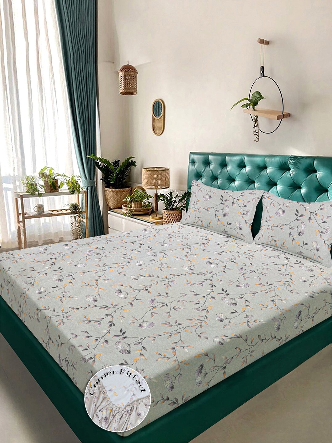 Grey Floral 300 TC Cotton Blend Fitted Double Bedsheet with 2 Pillow Covers