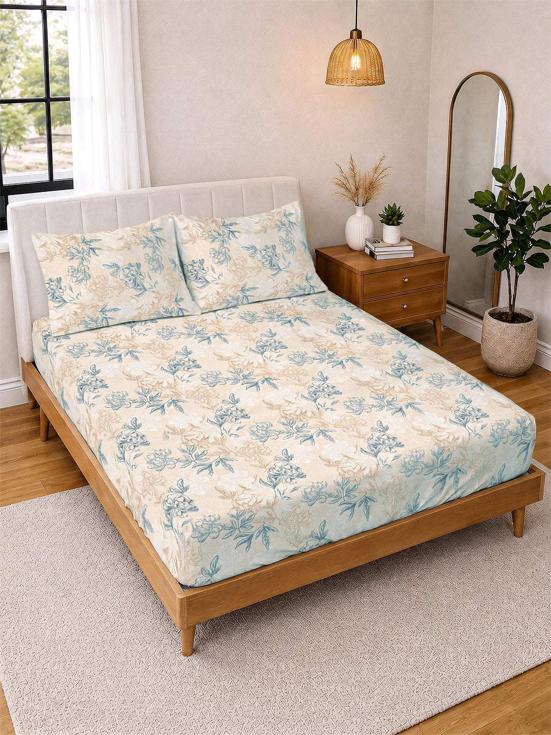 Cream Floral Cotton Blend Double Bedsheet with 2 Pillow Covers