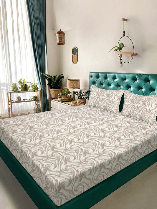 Beige Abstract 300 TC Cotton Blend Double Bedsheet with 2 Pillow Covers