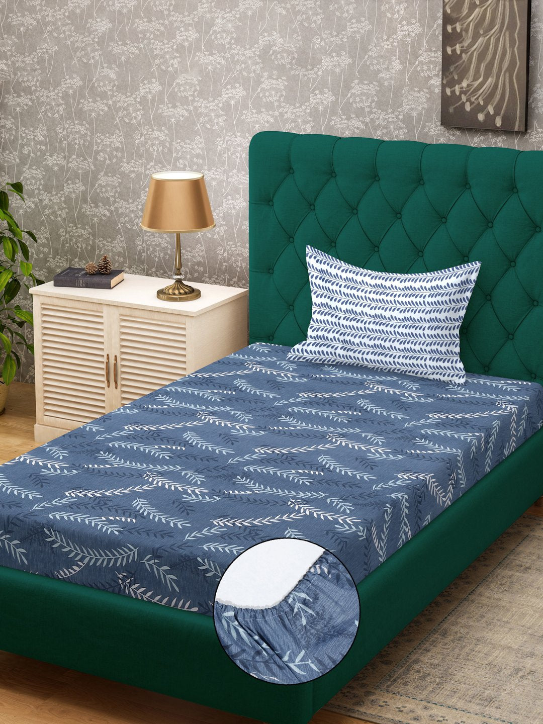 Blue Floral 300 TC Cotton Blend Fitted Single Bedsheet in Book Fold Packing