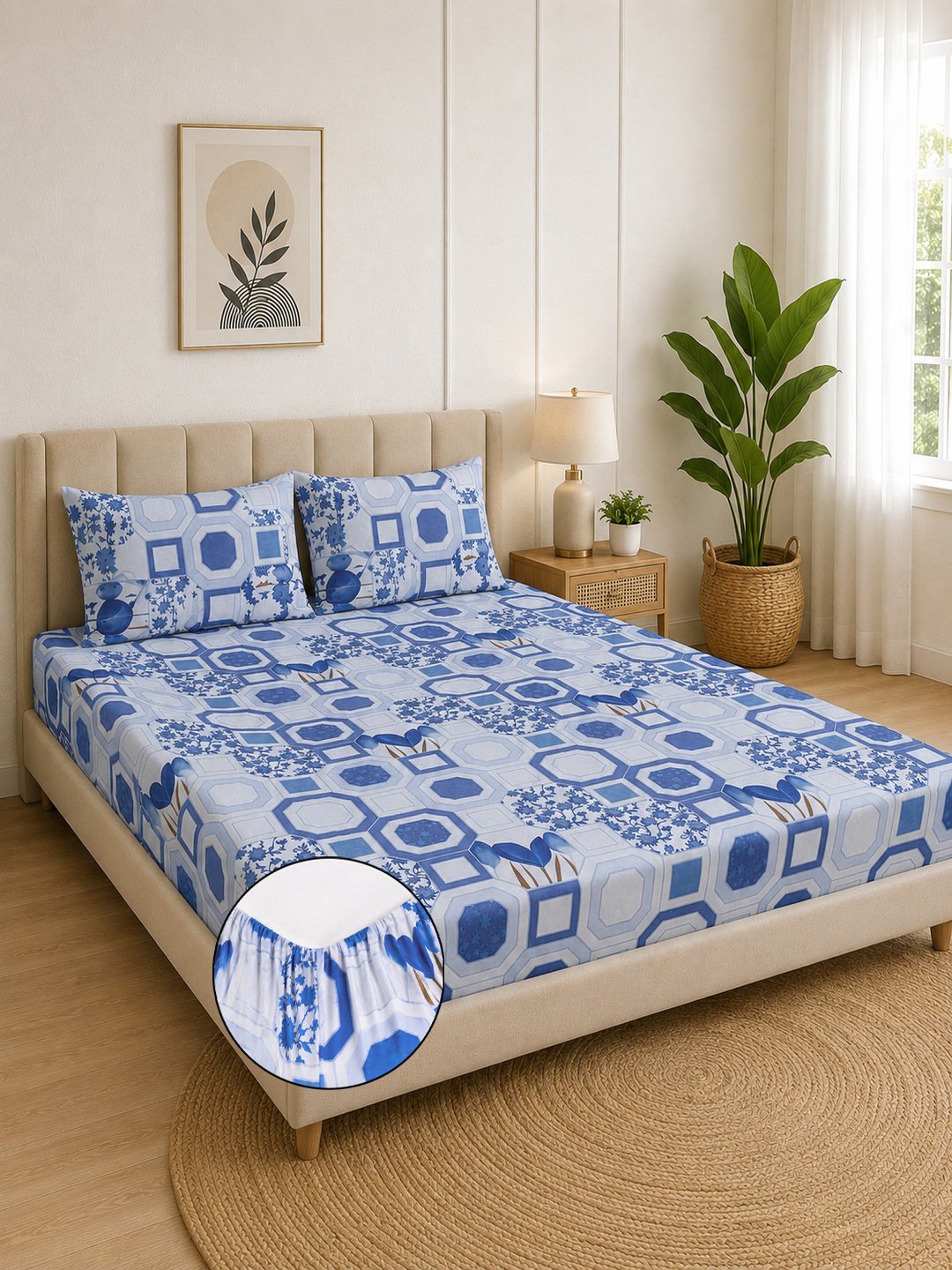 Blue Geometric Cotton Blend Fitted Double Bedsheet with 2 Pillow Covers