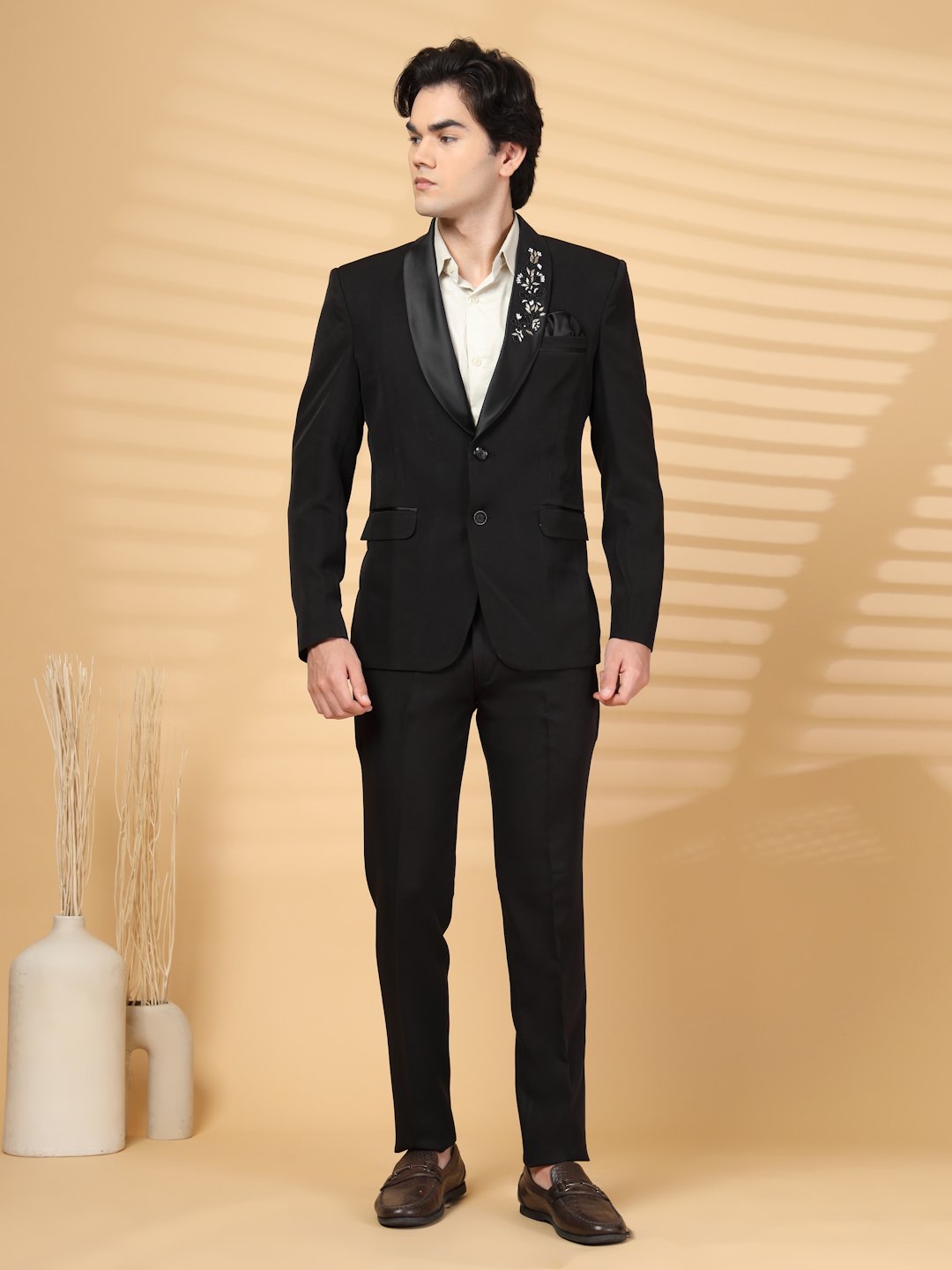 Black Solid Embroidery Single-Breasted Two-Piece Party Suit