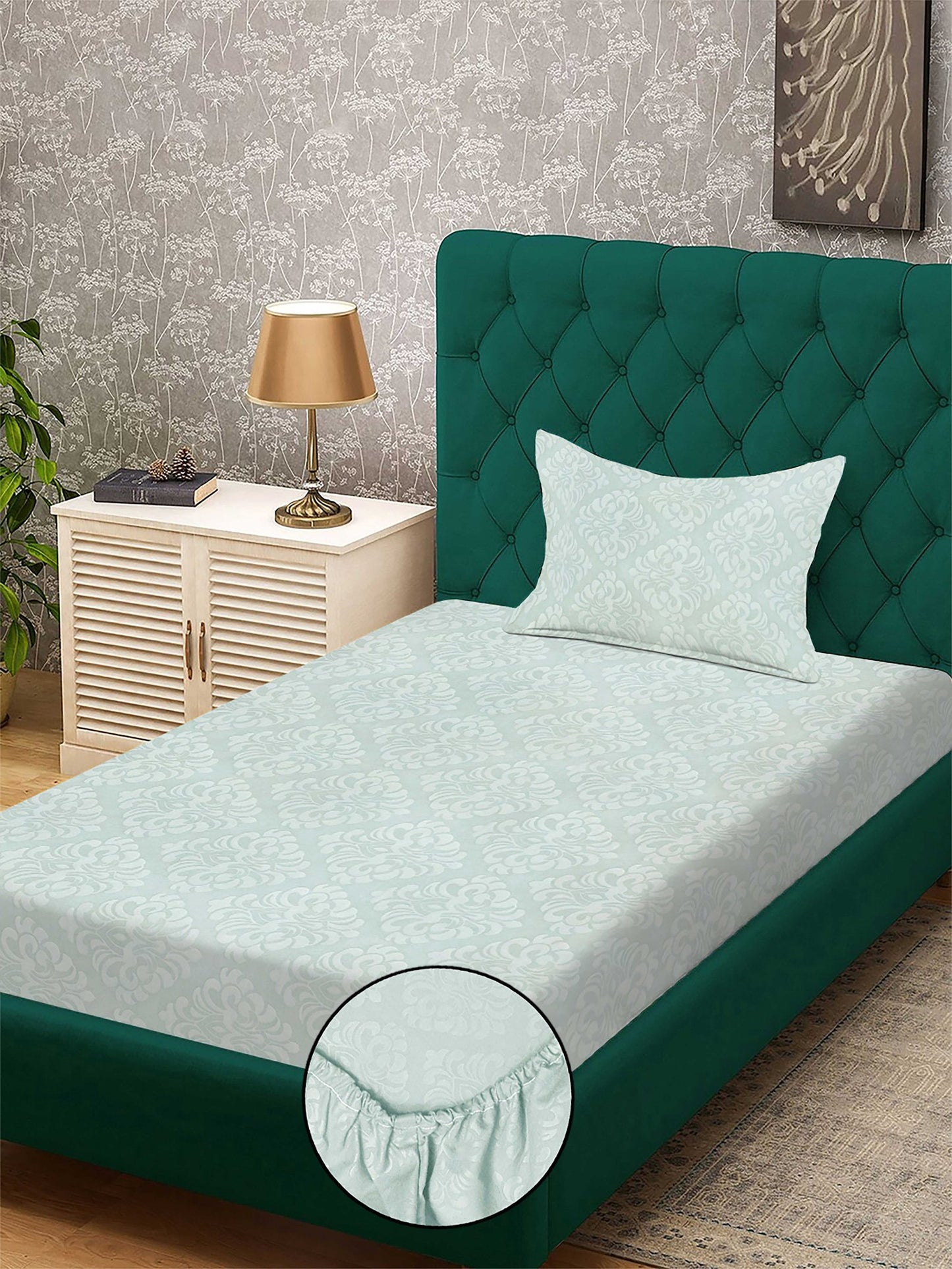 Green Floral Embossed Cotton Blend Fitted Single Bedsheet with Pillow Cover