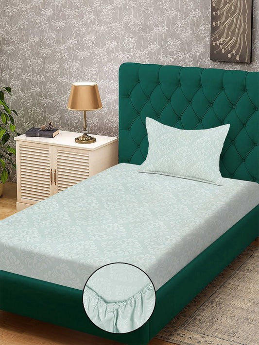 Green Floral Embossed Cotton Blend Fitted Single Bedsheet with Pillow Cover