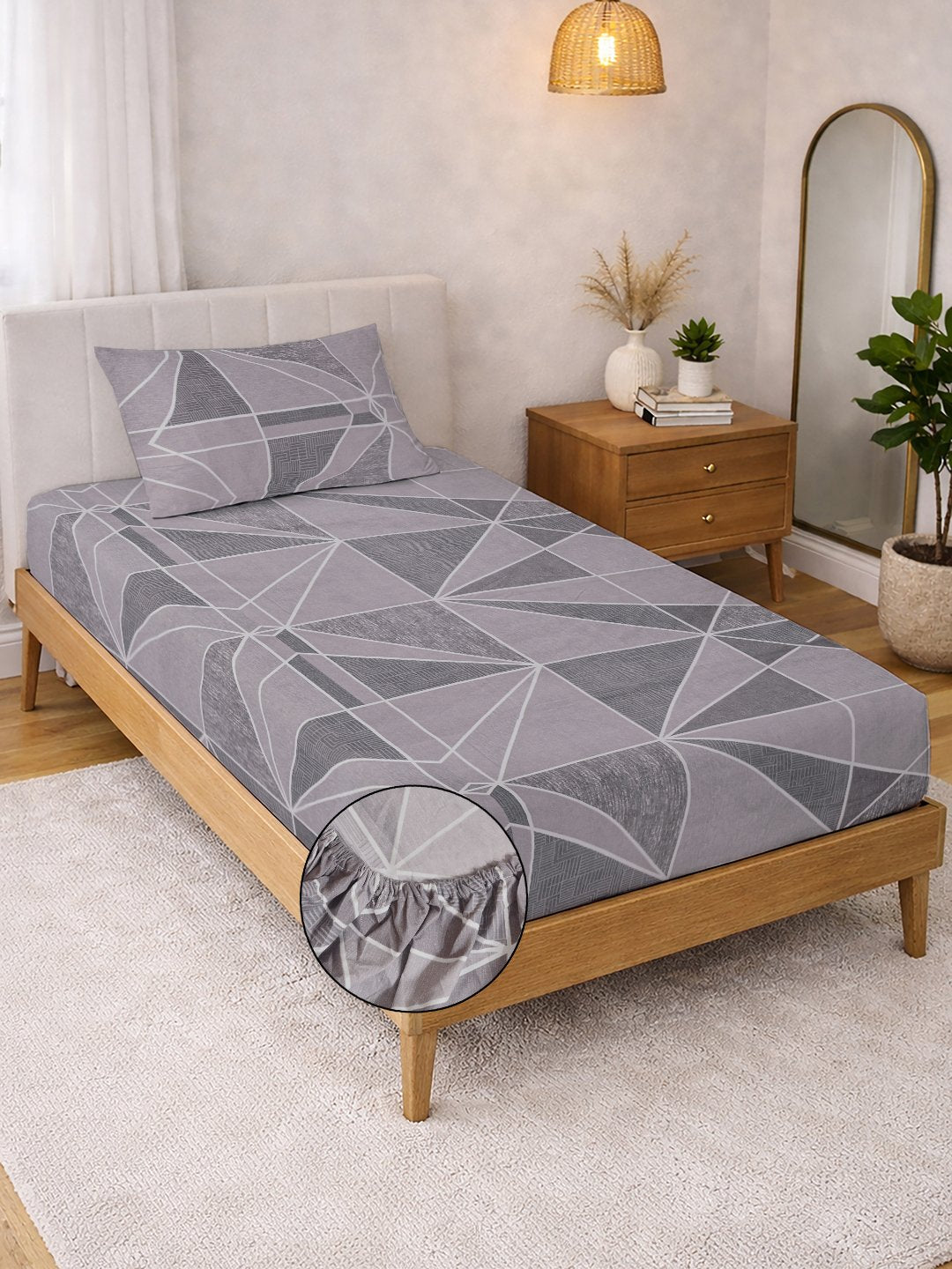 Purple Geometric Cotton Blend Fitted Single Bedsheet with Pillow Cover