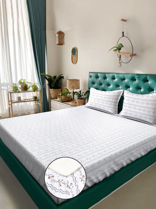 White Floral 400 TC Pure Cotton Super King Double Bedsheet with 2 Pillow Covers