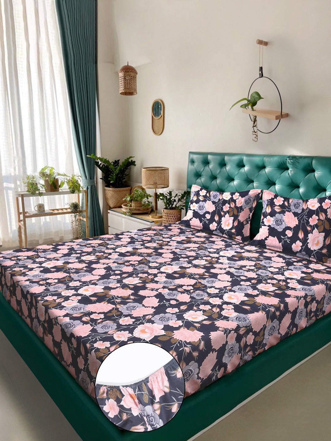 Multi Floral 300 TC Cotton Blend Fitted Double Bedsheet in Book Fold Packing