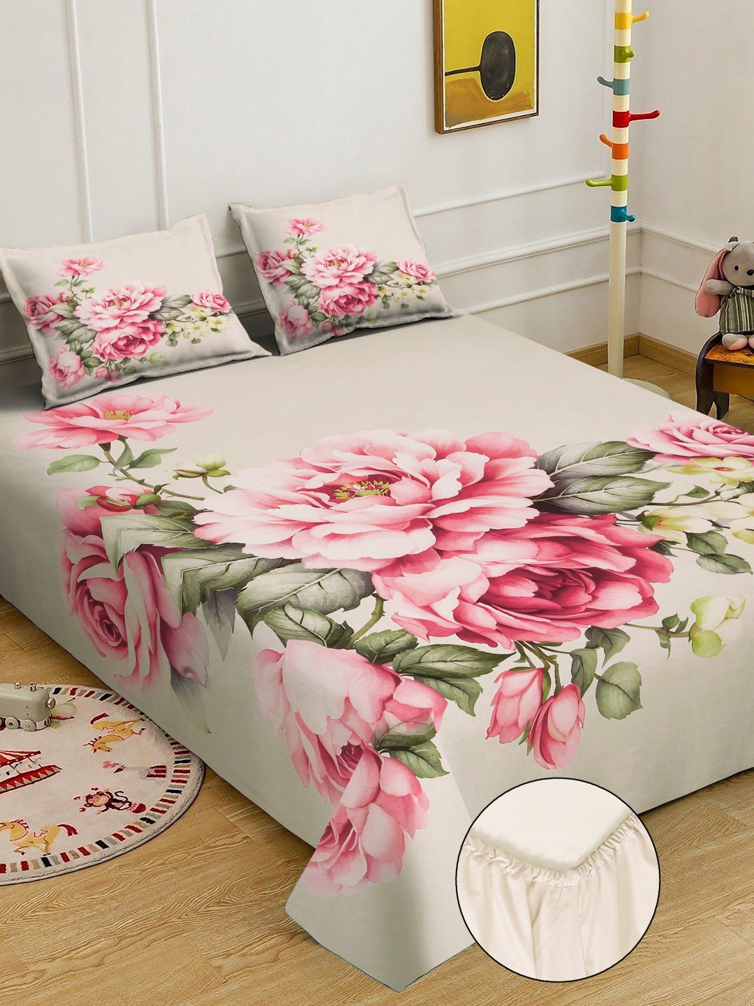 Beige Digital Floral Printed Cotton Blend Fitted Double Bedsheet with 2 Pillow Covers