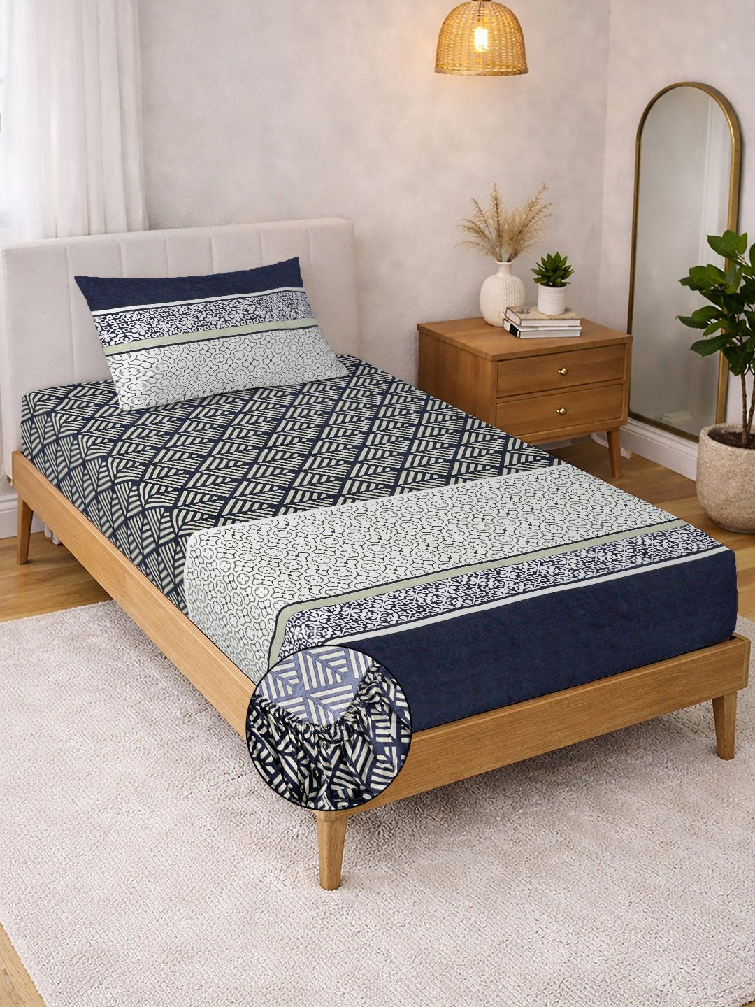Multi Geometric Cotton Blend Fitted Single Bedsheet with Pillow Cover