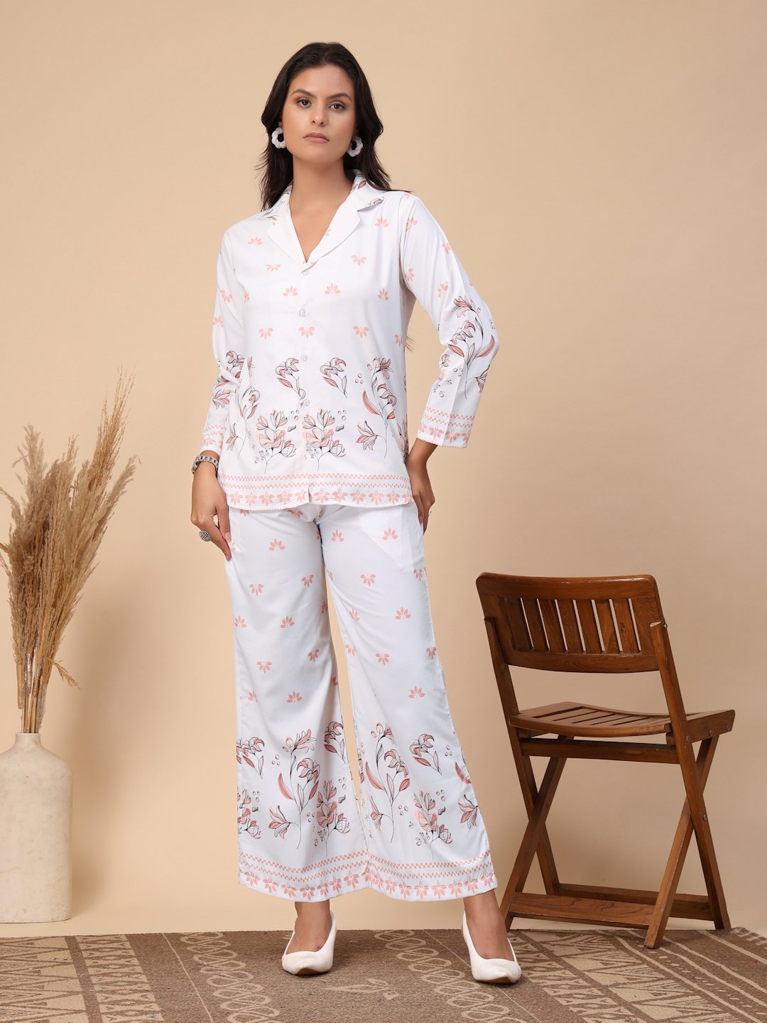 White Cotton Printed Shirt With Trousers Co-Ords Set