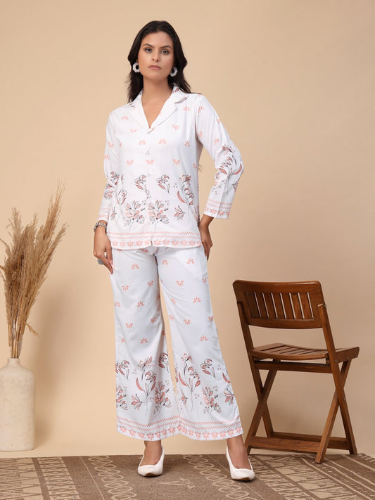 White Cotton Printed Shirt With Trousers Co-Ords Set