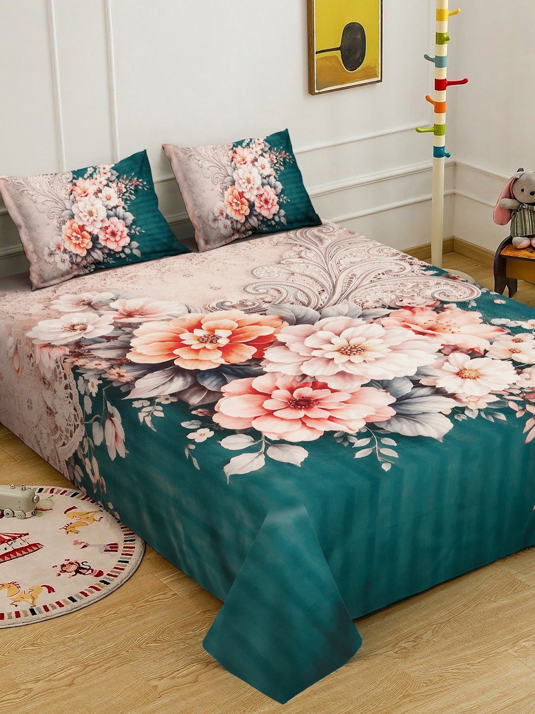 Green Digital Floral Printed Cotton Blend Double Bedsheet with 2 Pillow Covers