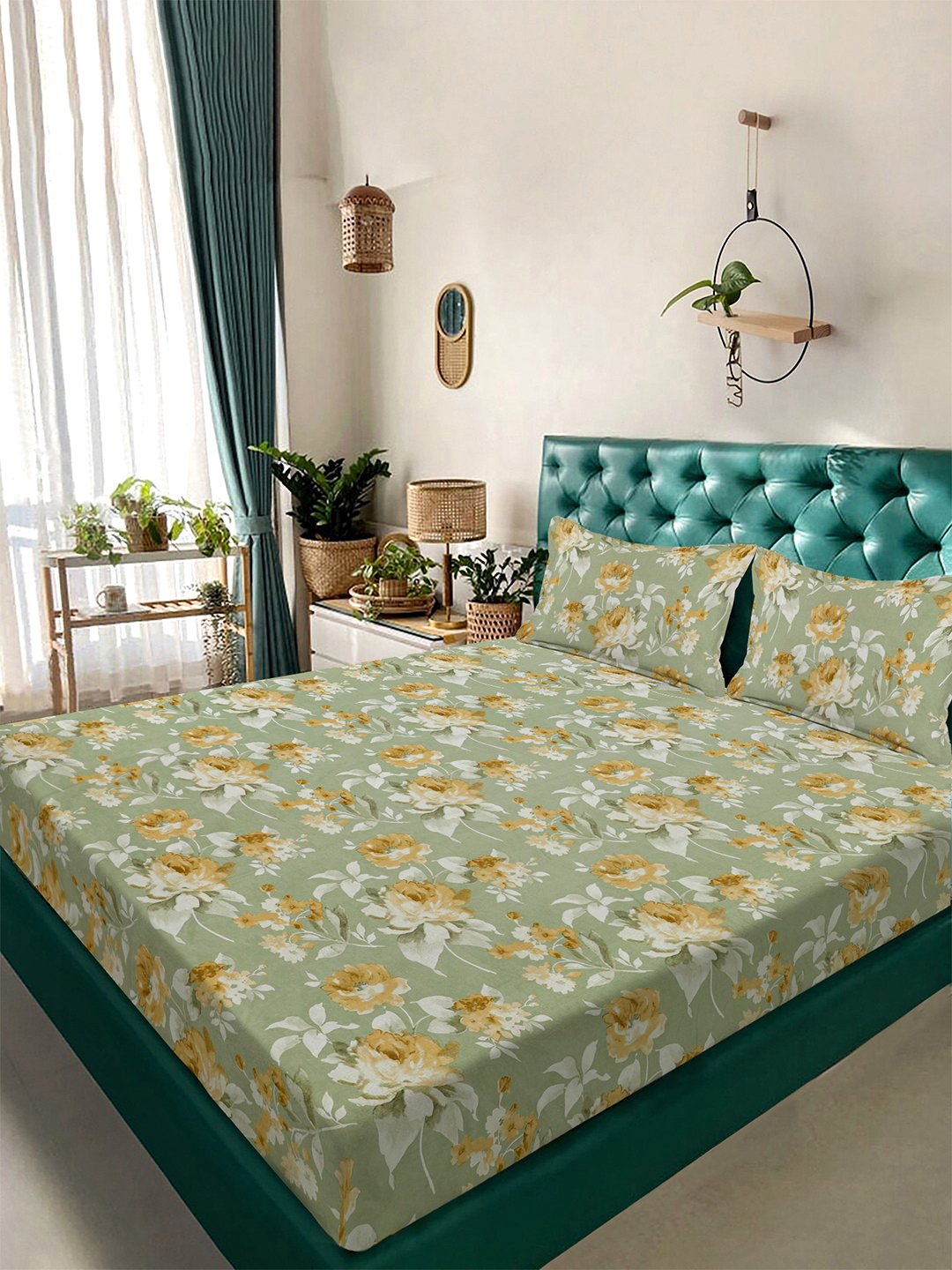 Green Floral 300 TC Cotton Blend Double Bedsheet with 2 Pillow Covers