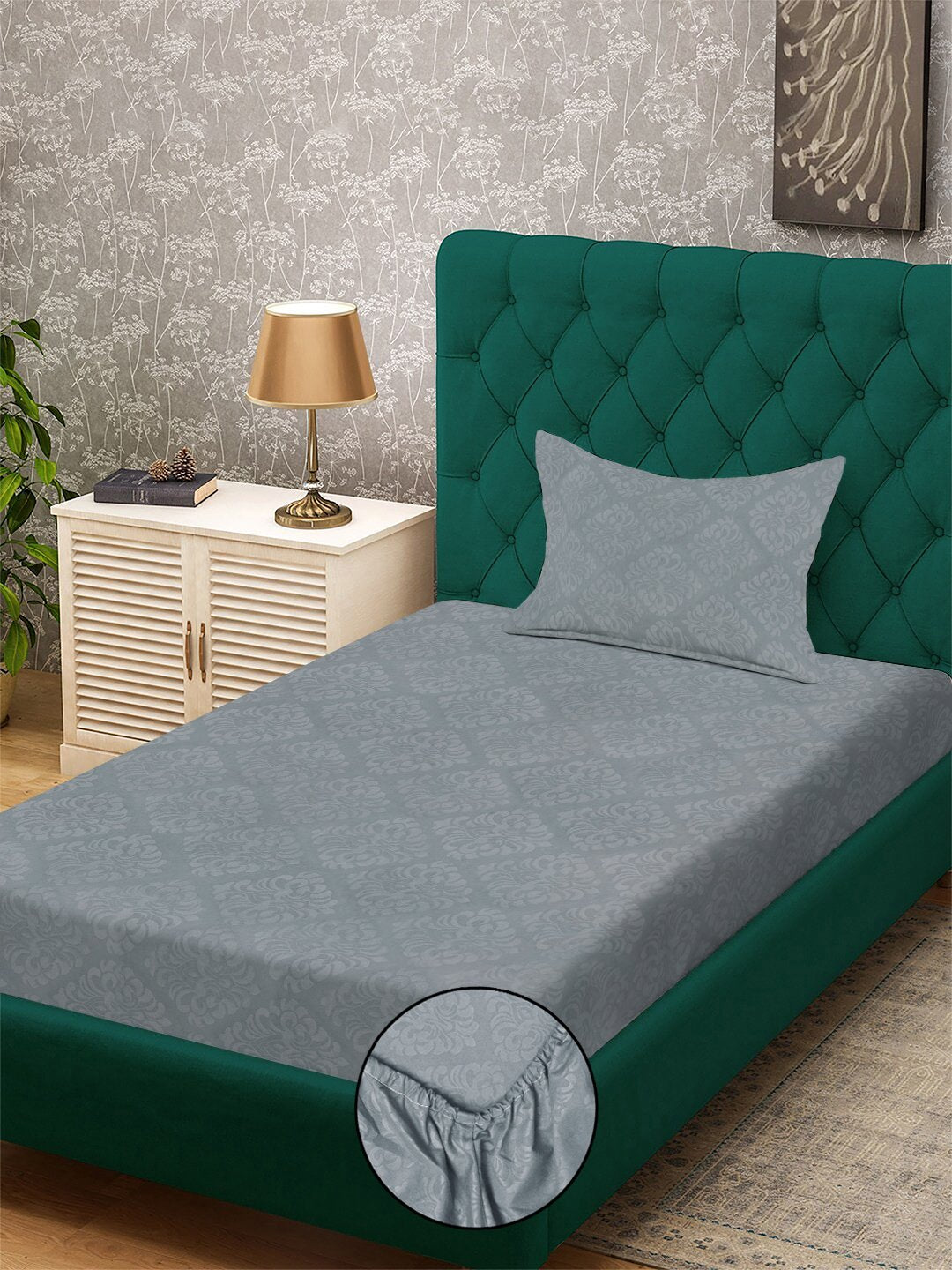 Grey Floral Embossed Cotton Blend Fitted Fitted Single Bedsheet with Pillow Cover