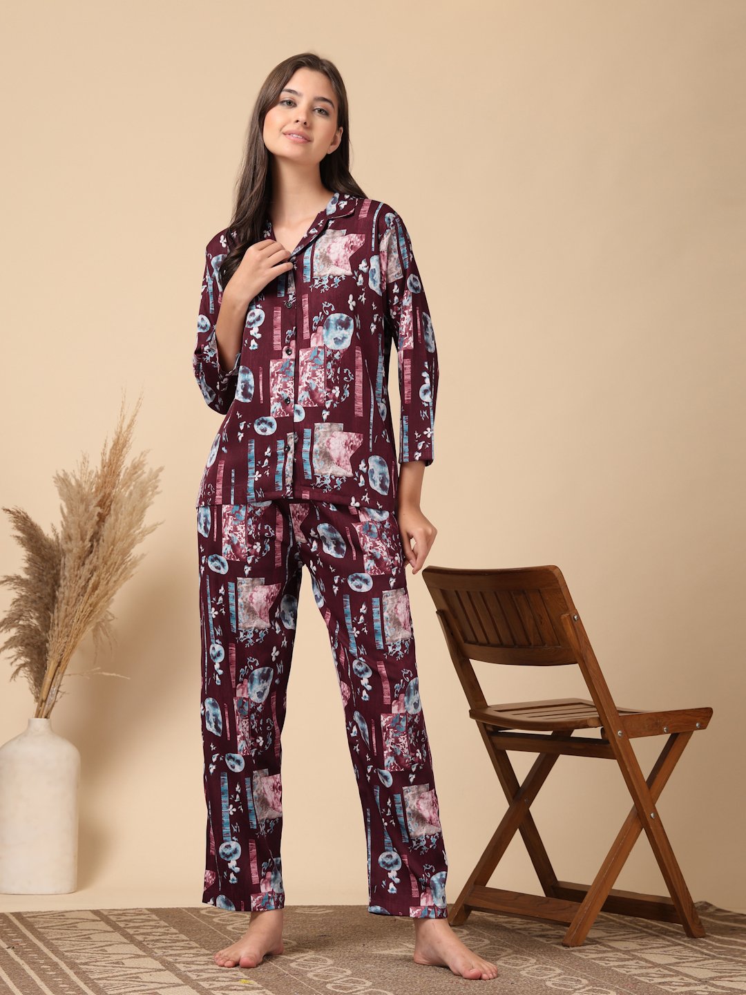Maroon Geometric Cotton Blend Women Night Suit