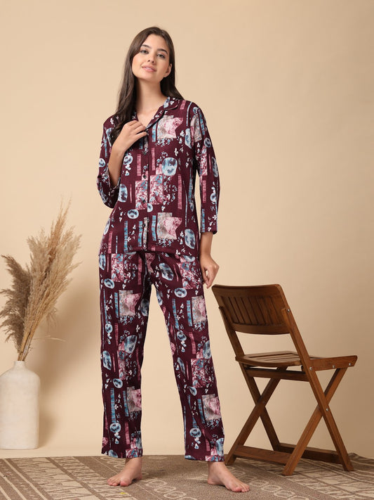 Maroon Geometric Cotton Blend Women Night Suit