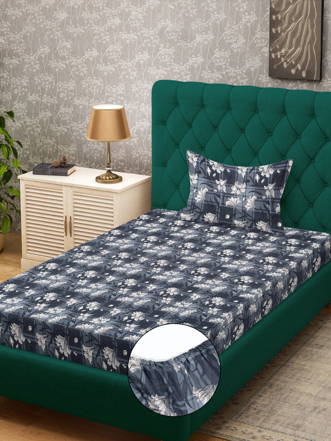 Grey Floral 300 TC Cotton Blend Fitted Single Bedsheet in Book Fold Packing