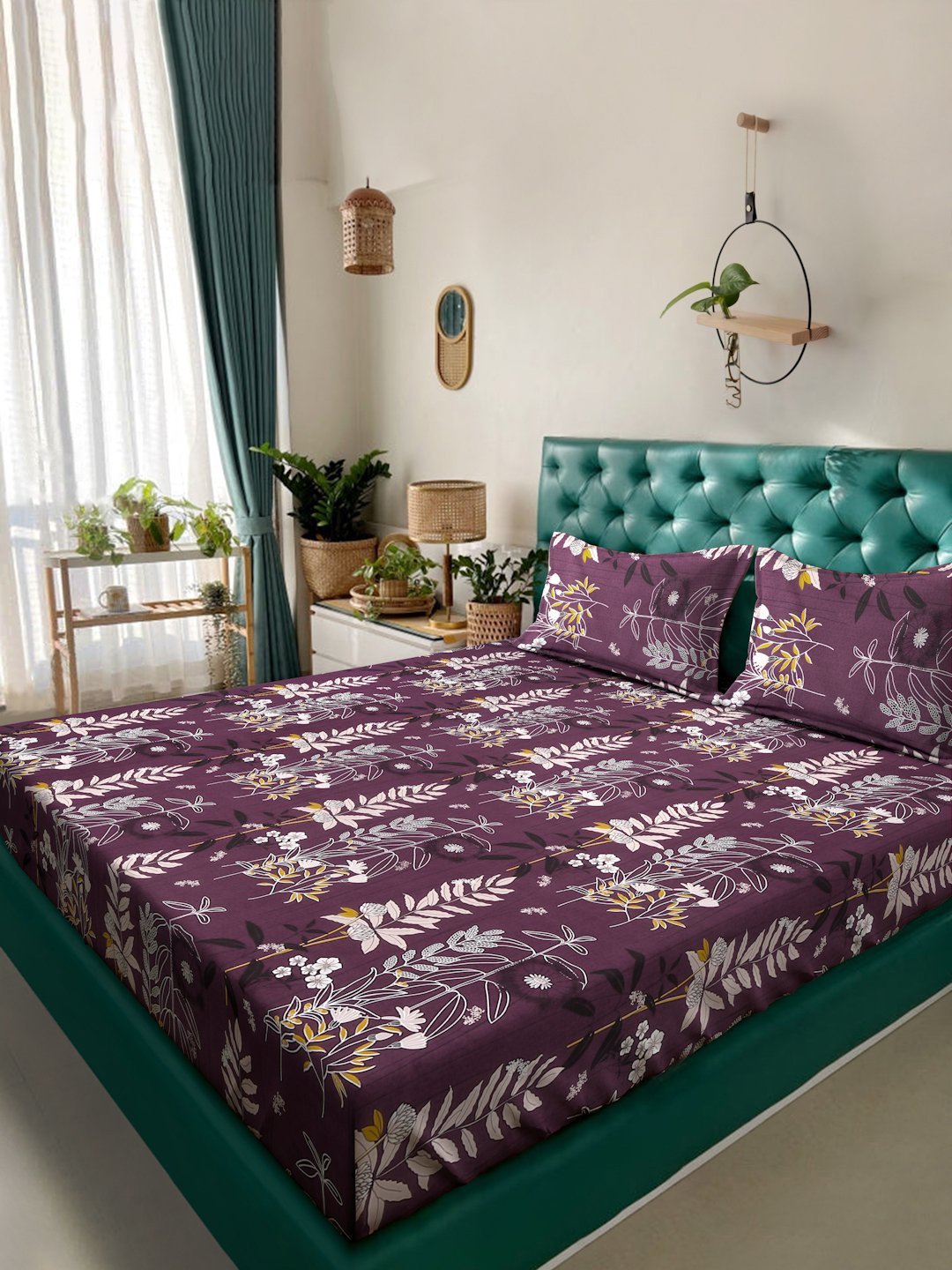 Purple Floral 300 TC Cotton Blend Double Bedsheet in Book Fold Packing