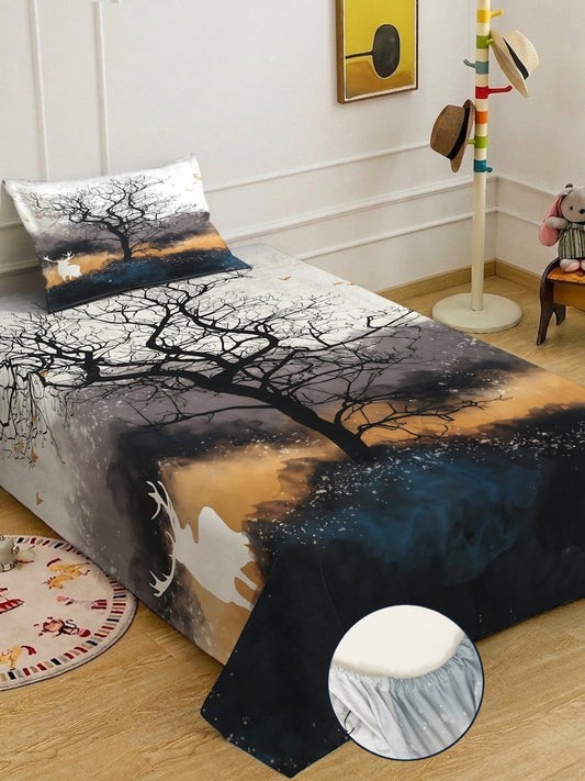 Multi Digital Animal Printed Cotton Blend Fitted Single Bedsheet with Pillow Cover