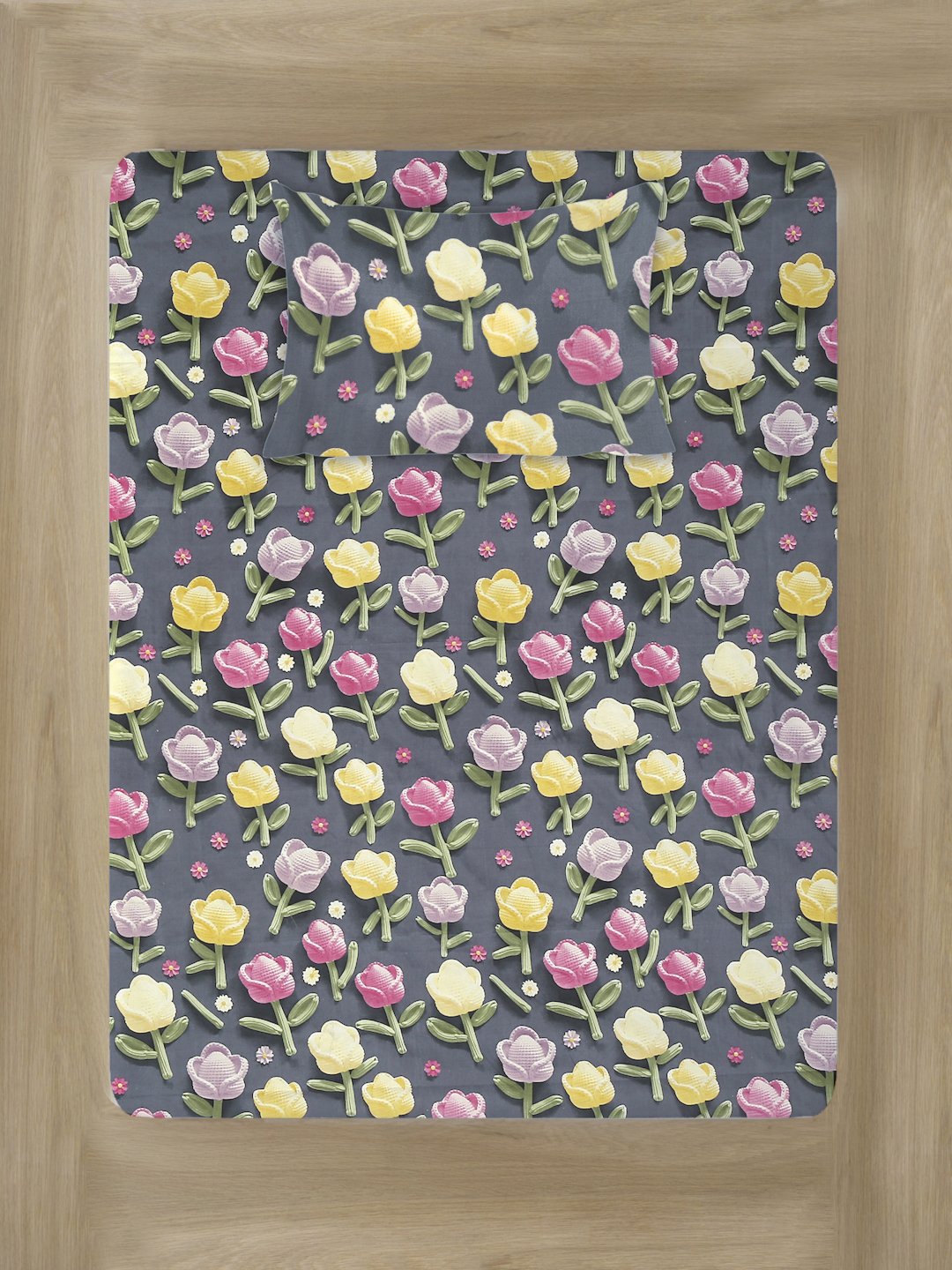 Grey Floral 7D Cotton Blend Fitted Single Bedsheet with Pillow Cover