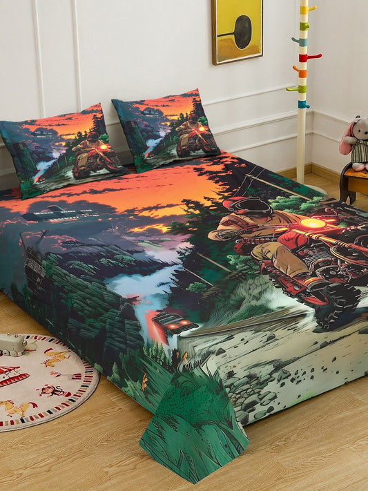 Green Digital Graphic Printed Cotton Blend Double Bedsheet with 2 Pillow Covers