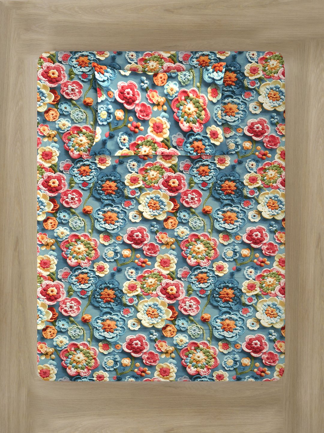 Blue Floral 7D Cotton Blend Fitted Single Bedsheet with Pillow Cover
