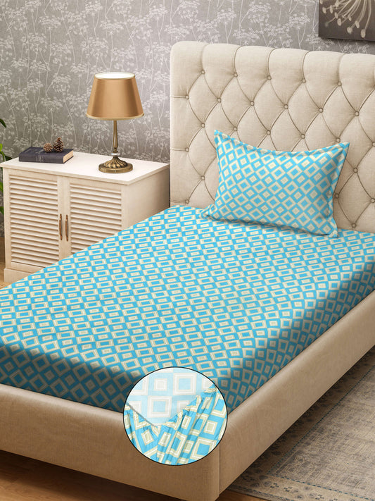 Klotthe Turquoise Geometric 300 TC Cotton Blend Fitted Single Bedsheet with Pillow Cover