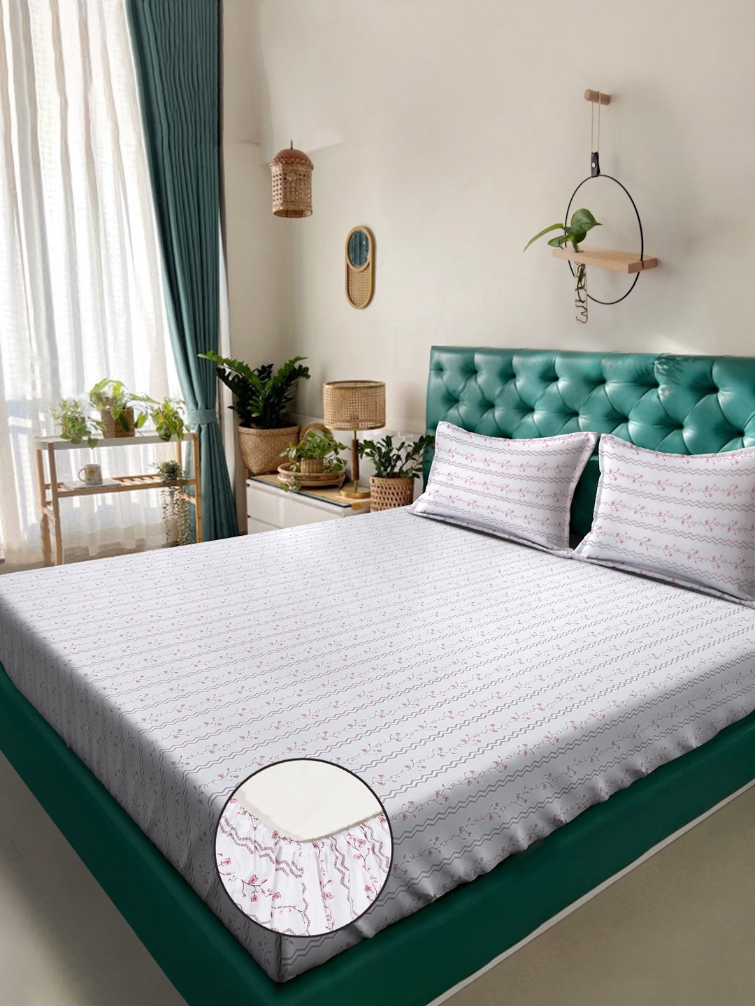 White Floral 400 TC Pure Cotton Super King Double Bedsheet with 2 Pillow Covers