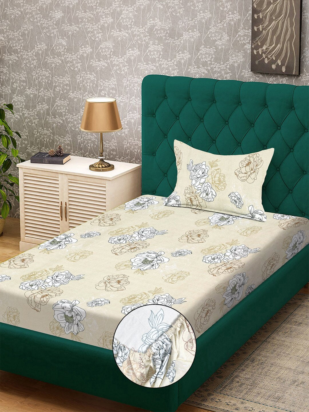 Cream Floral 300 TC Cotton Blend Fitted Single Bedsheet with Pillow Cover