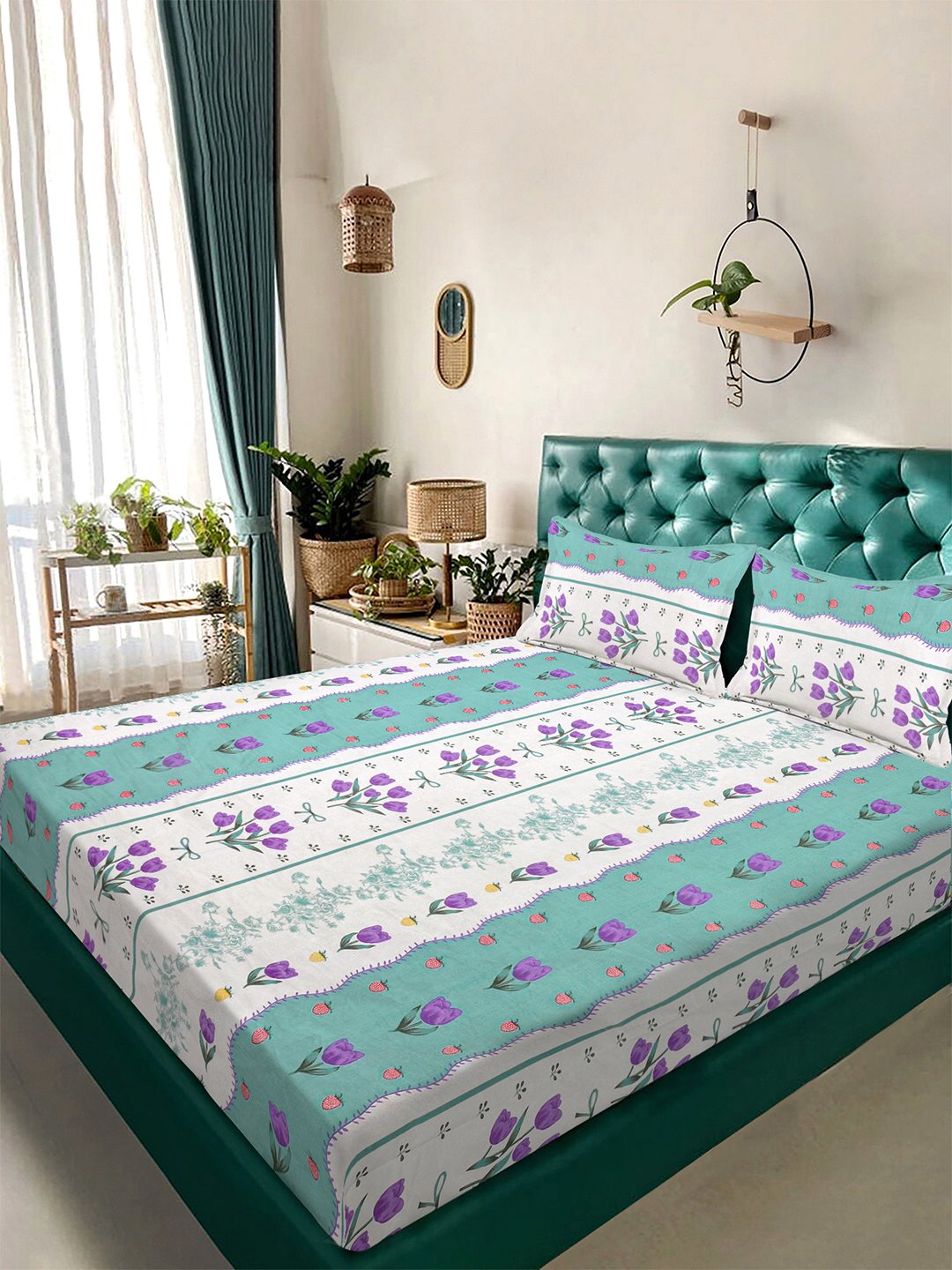 Green Floral 300 TC Cotton Blend Double Bedsheet with 2 Pillow Covers