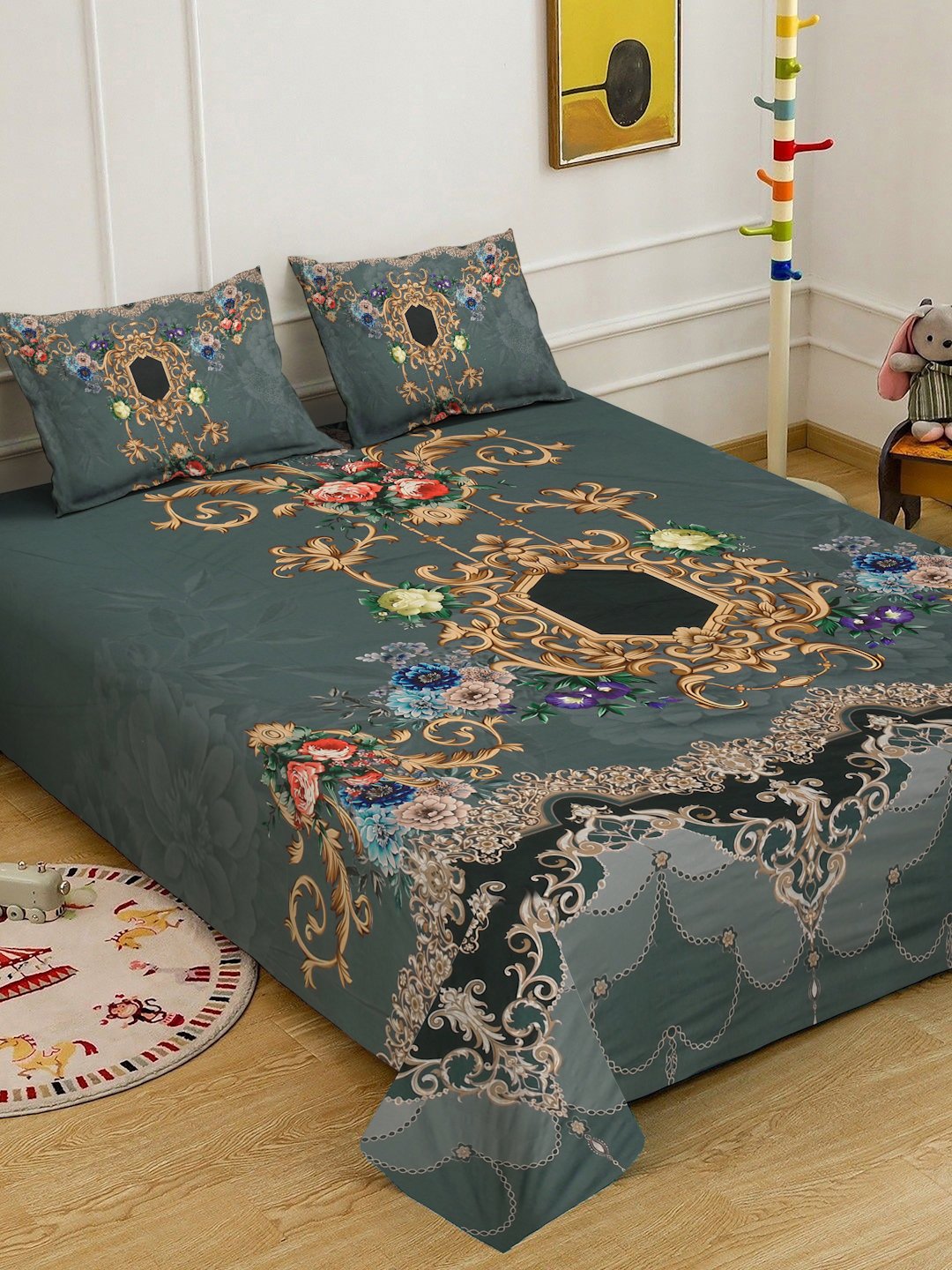 Green Digital Ethnic Motifs Printed Cotton Blend Double Bedsheet with 2 Pillow Covers