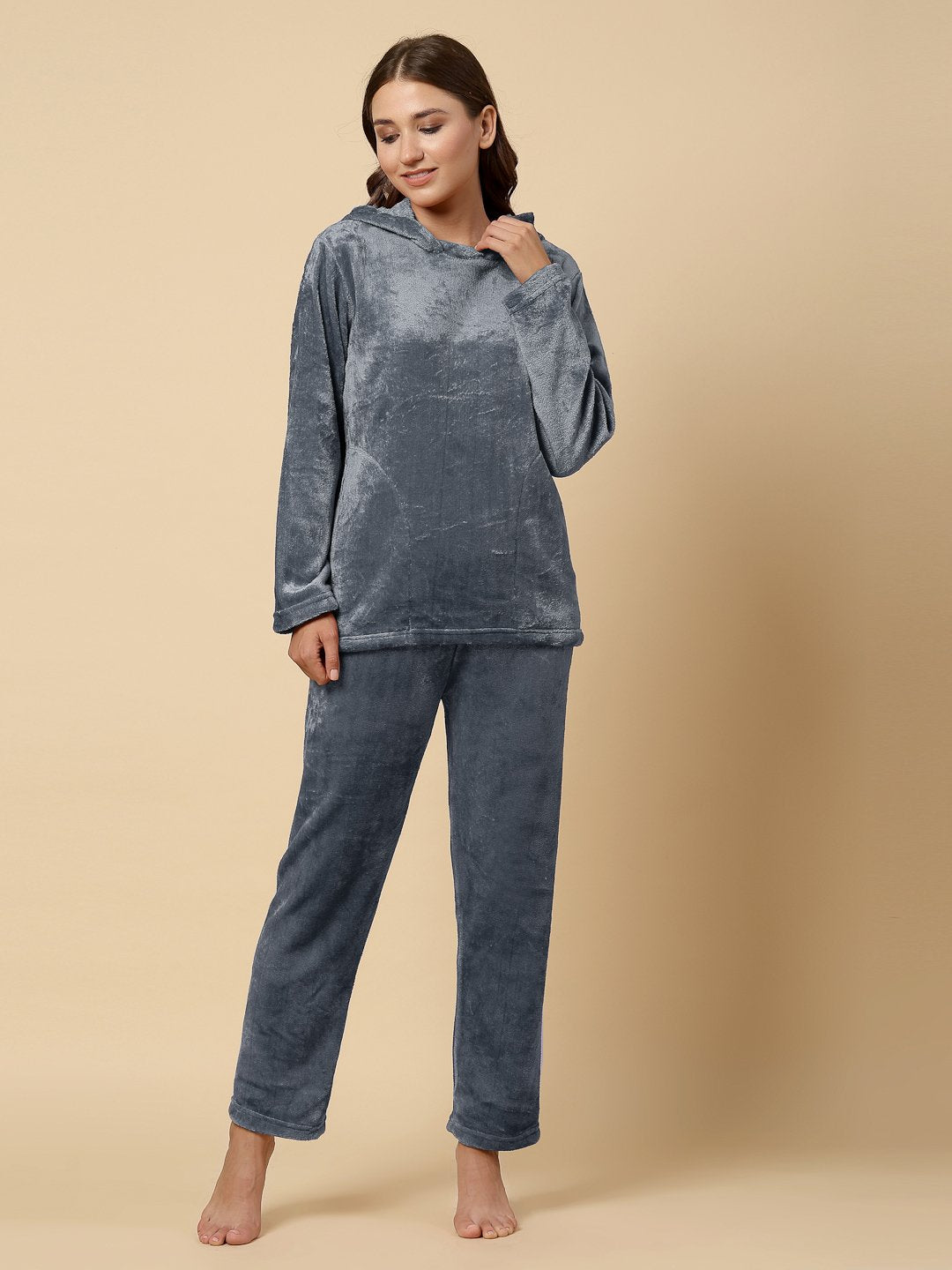 Klotthe Women Grey Wool Blend Solid Hooded Night Suit