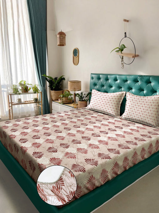 Beige Floral 400 TC Pure Cotton Fitted Double Bedsheet with 2 Pillow Covers