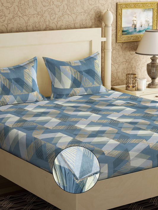 Klotthe Turquoise Abstract 300 TC Cotton Blend Fitted Double Bedsheet with 2 Pillow Covers