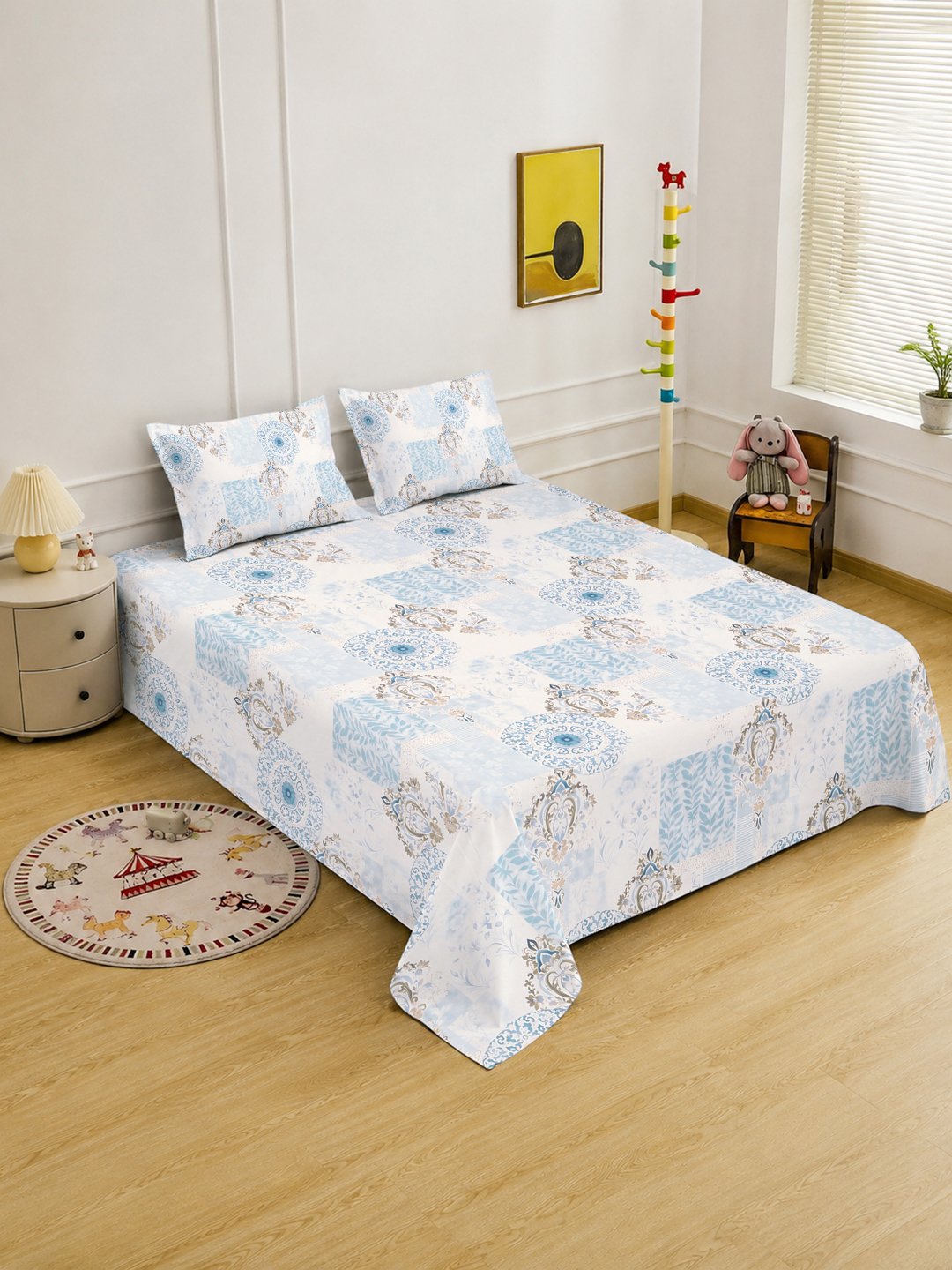 Digital Blue Geometric Cotton Blend Fitted Double Bedsheet with 2 Pillow Covers