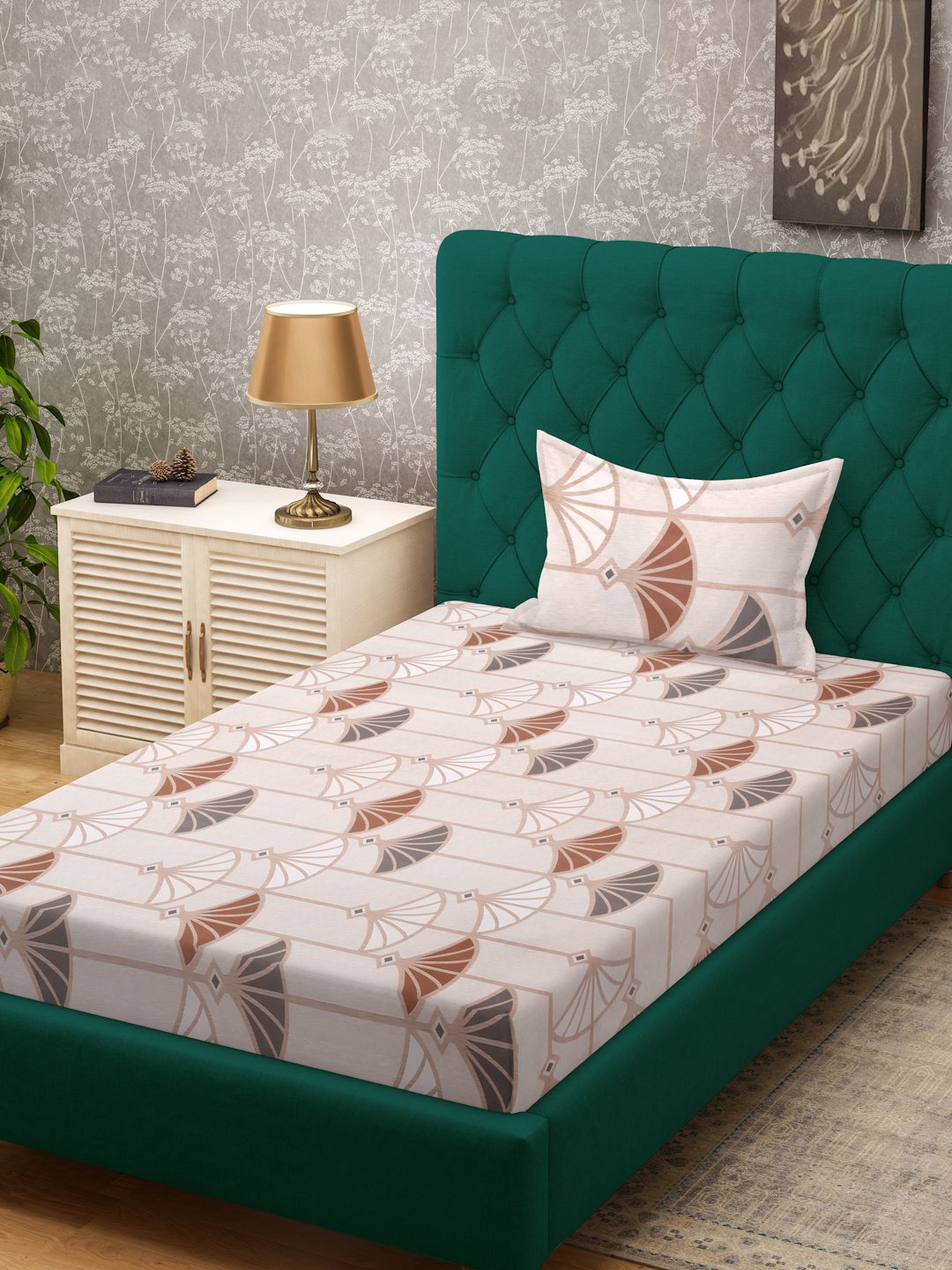 Cream Floral 300 TC Cotton Blend Single Bedsheet with Pillow Cover
