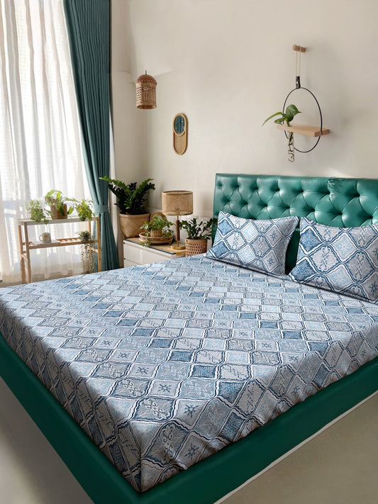 Blue Floral 400 TC Pure Cotton Double Bedsheet with 2 Pillow Covers