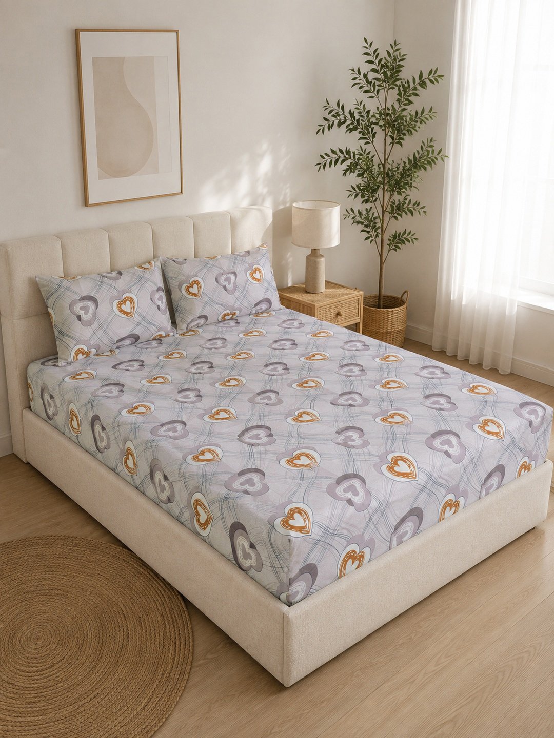Beige Floral Cotton Blend Double Bedsheet with 2 Pillow Covers