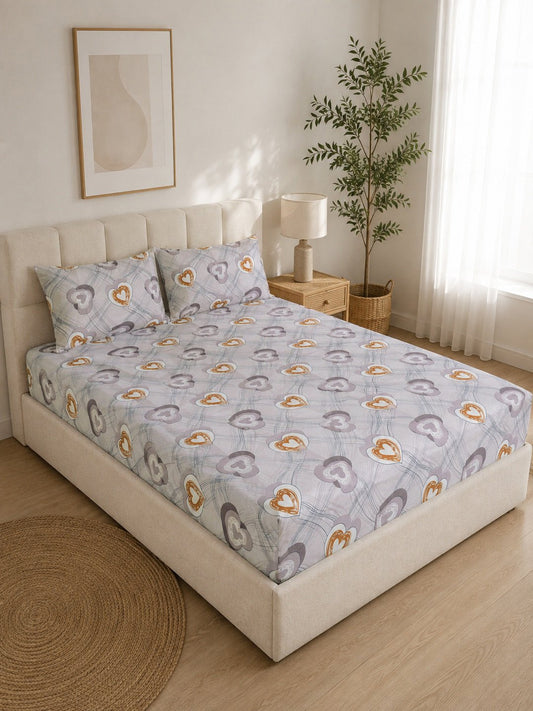 Beige Floral Cotton Blend Double Bedsheet with 2 Pillow Covers