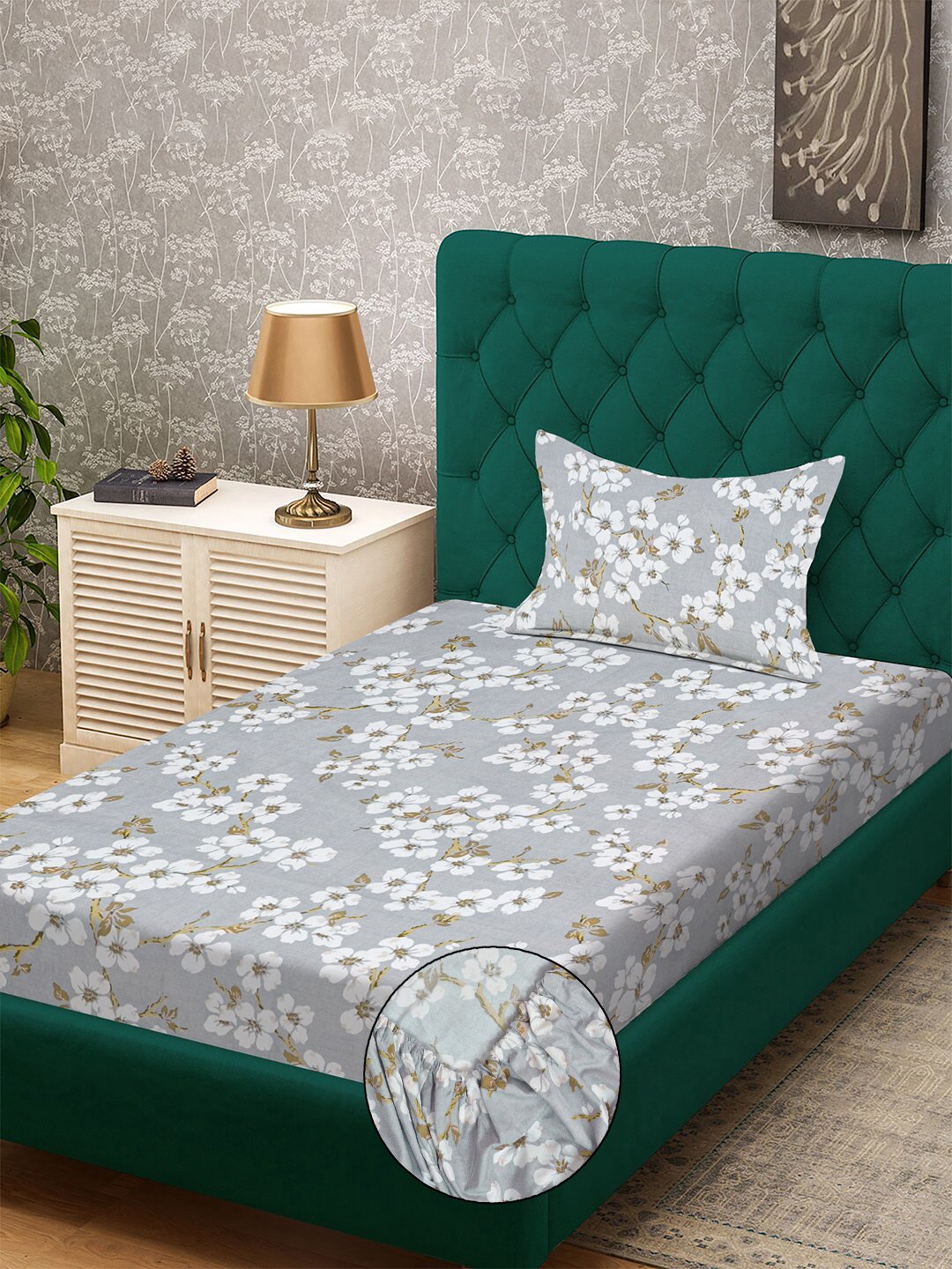 Grey Floral 300 TC Cotton Blend Fitted Single Bedsheet with Pillow Cover