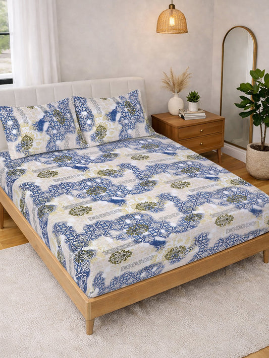 Blue Ethnic Motifs Cotton Blend Double Bedsheet with 2 Pillow Covers