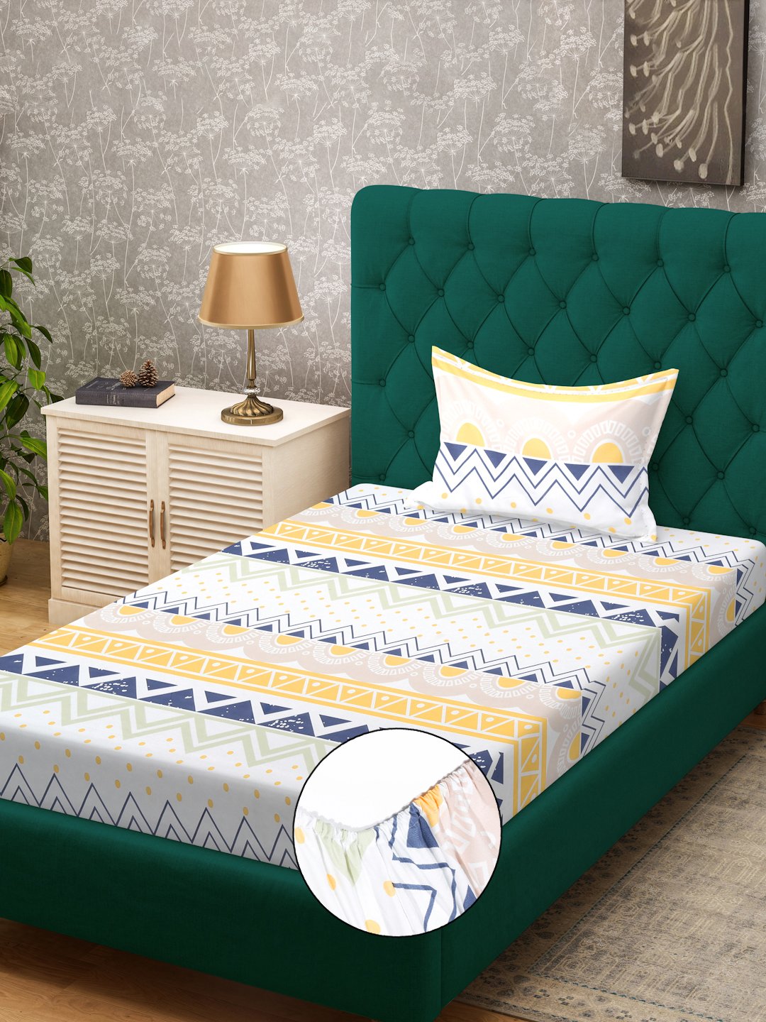 Multi Geometric 300 TC Cotton Blend Fitted Single Bedsheet Set in Book Fold Packing