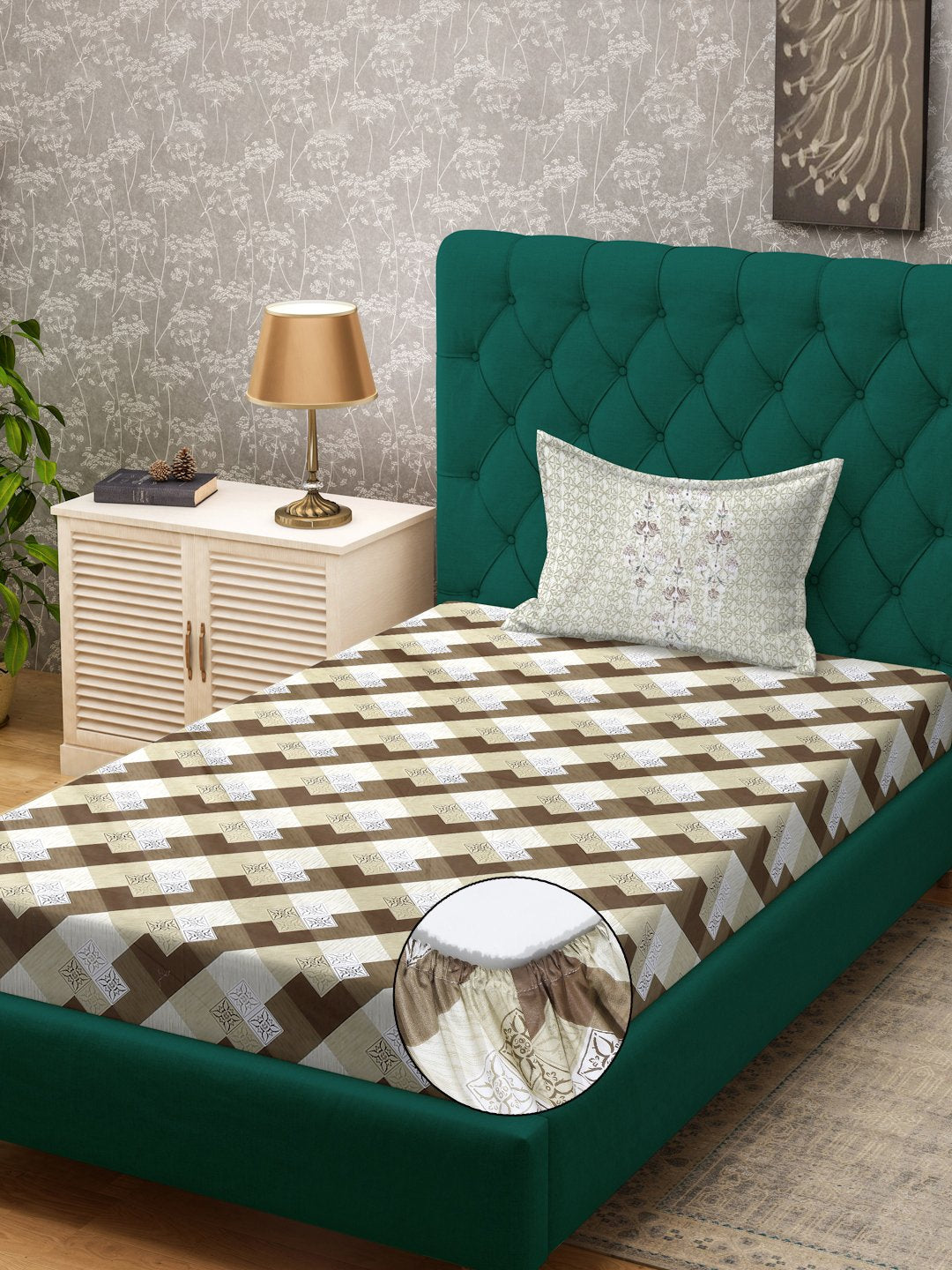 Brown Geometric 400 TC Pure Cotton Fitted Single Bedsheet with Pillow Cover