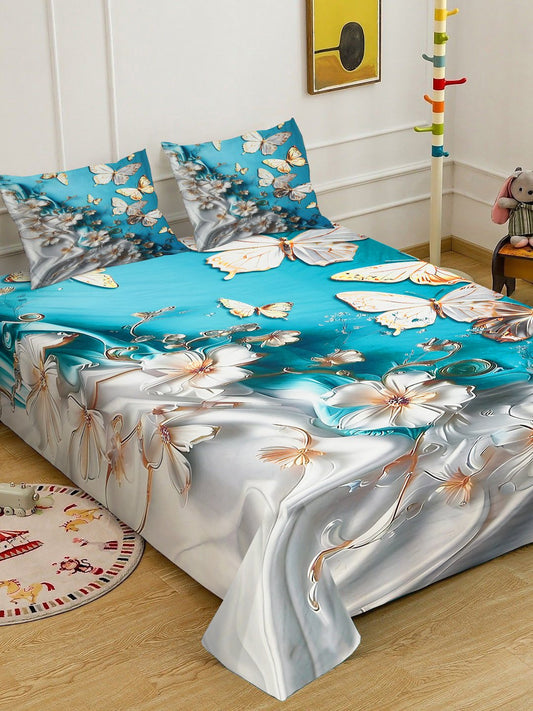 Blue 7D Floral Printed Cotton Blend Double Bedsheet with 2 Pillow Covers