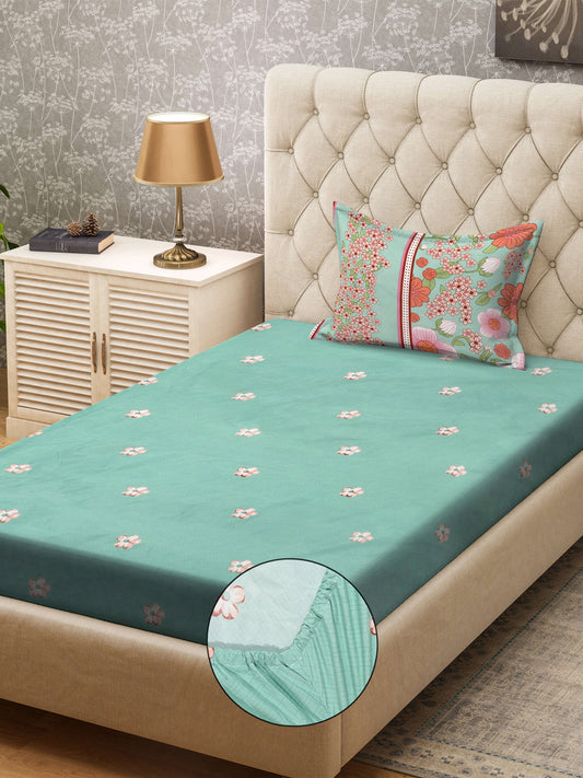 Klotthe Green Floral 300 TC Cotton Blend Fitted Single Bedsheet with Pillow Cover