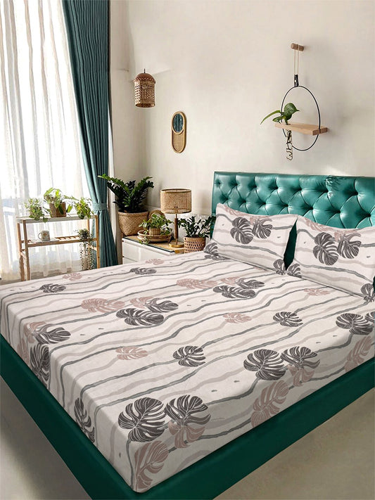 Beige Floral 300 TC Cotton Blend Double Bedsheet with 2 Pillow Covers