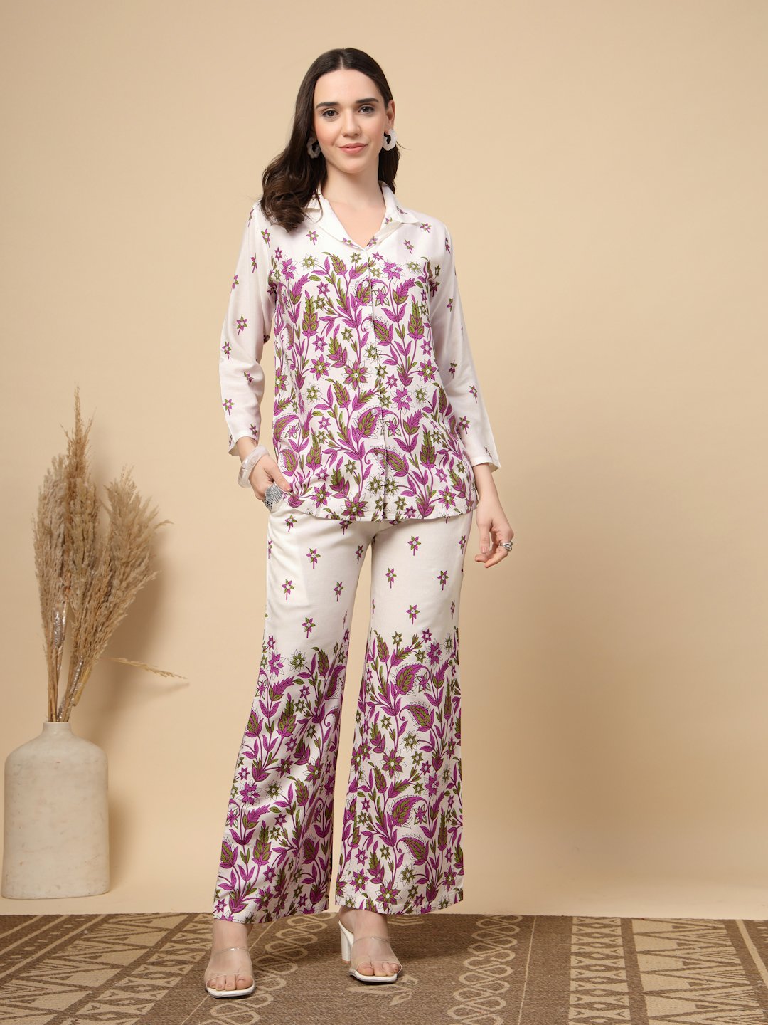 Cream Cotton Printed Shirt With Trousers Co-Ords Set