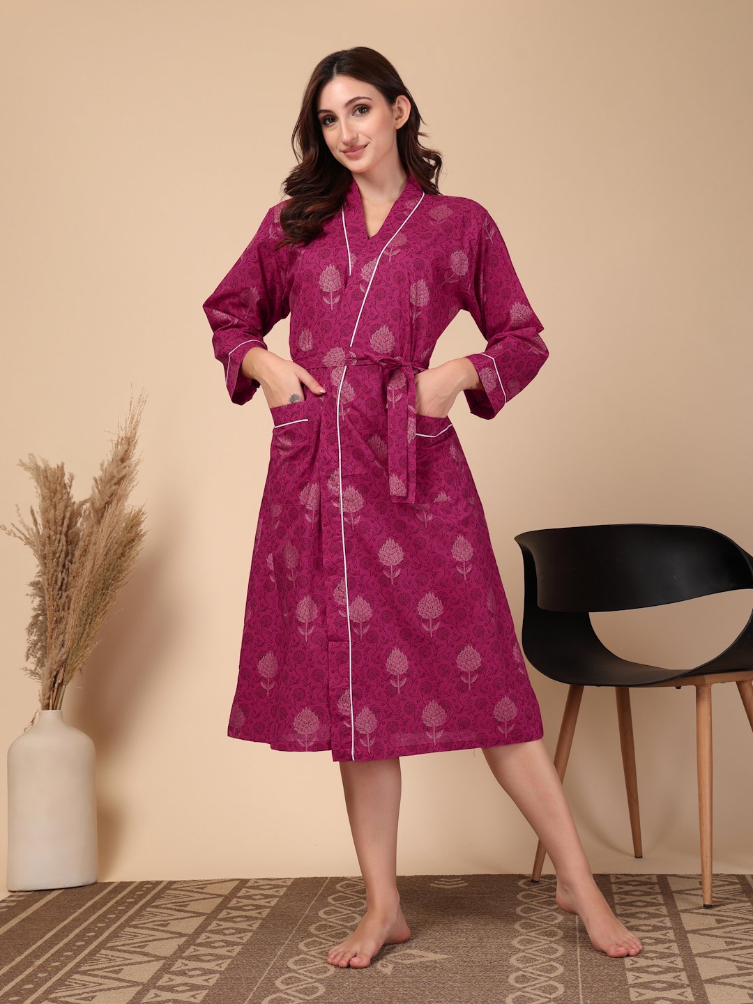 Women Printed Pink Floral Pure Cotton Bath Robe With Belt