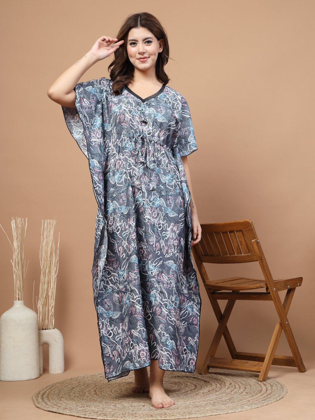 Grey Floral Cotton Blend Kaftan Maxi Nightdress
